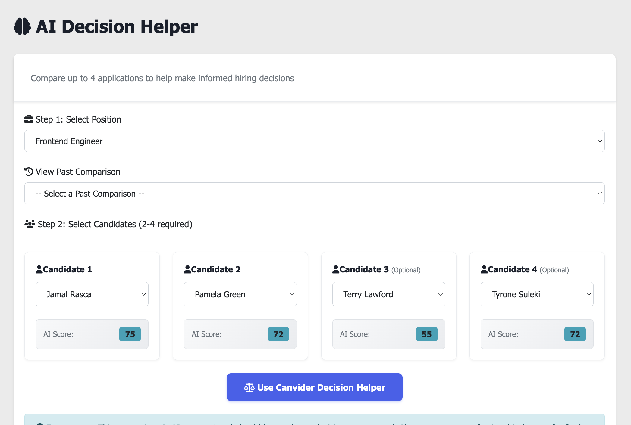 Canvider AI Decision Helper screenshot showing side-by-side candidate comparison